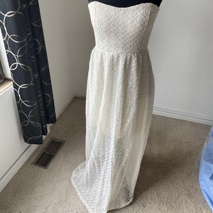 Off white lace strapless dress with open back